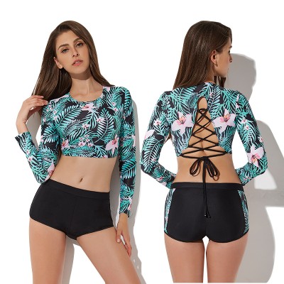 Womens 2Pcs Rash Guard Surf Suit Green Leaf Print Long Sleeve Swimsuit