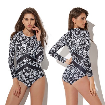 Womens Black Floral One Piece Swimsuits Long Sleeve Rash Guard Surf Suits