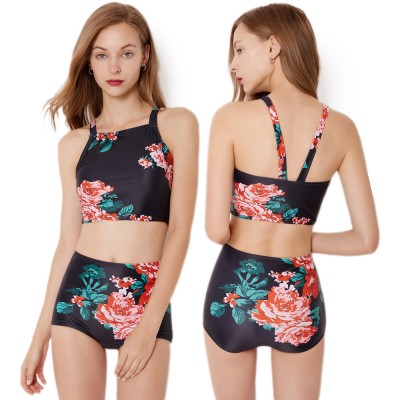 Black 2Pcs Bathing Suits For Women Cheap Swimsuits High Waisted