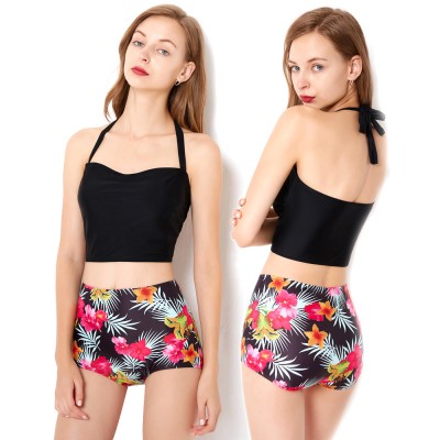 Black & Floral Swimsuits For Women Cheap Bathing Suits Tie Rope