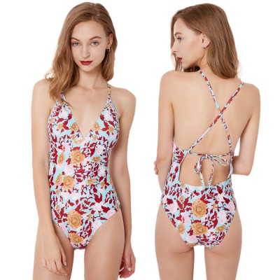Red Floral Swimsuits One Piece Bikinis Women Monokini Bathing Suits
