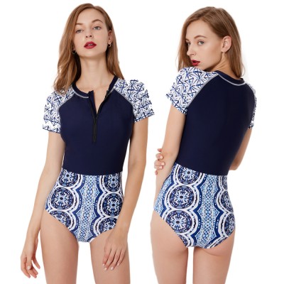 Navy Short Sleeve Swisuits One Piece Bathing Suits Zip Up Rash Guard