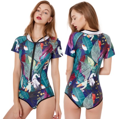 Crane Short Sleeve Swisuits One Piece Bathing Suits Zip Up Rash Guard