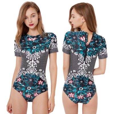 Retro Floral Short Sleeve One Piece Swisuits Cheap Bathing Suits Rash Guard