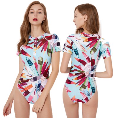 One Piece Swisuits Short Sleeve Cheap Bathing Suits Rash Guard Pencil Print