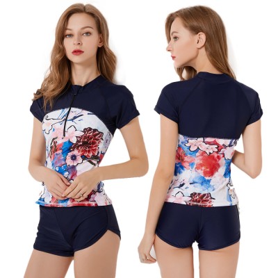2Pcs Womens Navy Swimsuits High Neck Zip Up Cheap Bathing Suits Surf Rash Guard