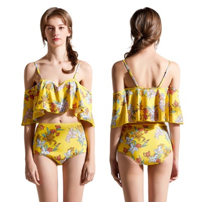 Yellow Swimsuits Flounce Foldover High Waisted Cheap Bathing Suits