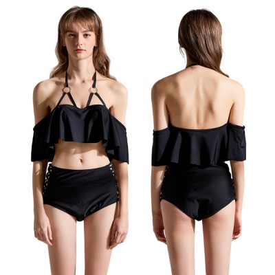 Womens Black Swimsuits 2Pcs Halter Cheap Bathing Suits Swimwear