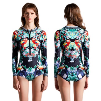 Floral Rash Guard Women Long Sleeve High Neck Zip Up Swimsuits