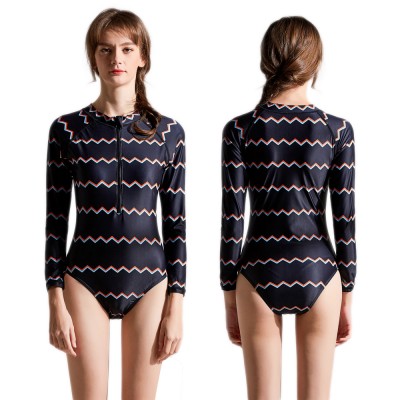 Long Sleeve Rash Guard Women Zip Up Wavy Line One Piece Cheap Bathing Suits