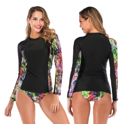 Womens 2Pcs Black Rash Guard Long Sleeve Cheap Bathing Suits Colorful Print