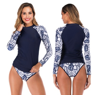 Womens 2Pcs Black Rash Guard Long Sleeve Cheap Bathing Suits Navy Floral