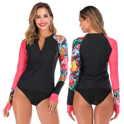 Womens 2Pcs Black Rash Guard Long Sleeve Cheap Bathing Suits Pink Floral