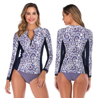 Womens 2Pcs Blue Rash Guard Long Sleeve Cheap Bathing Suits Navy Pattern