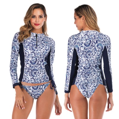 Womens 2Pcs Blue Rash Guard Long Sleeve Cheap Bathing Suits High Neck