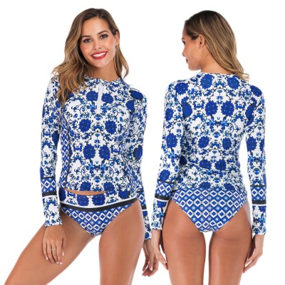 Long Sleeve Rash Guard Women Blue Floral Swimsuits Zip Up