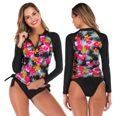 2Pcs Black Rash Guard Women Floral Swimsuits Cheap Bathing Suits