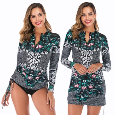 Floral 2Pcs Rash Guard Women Long Sleeve Swimsuits Top As Dress