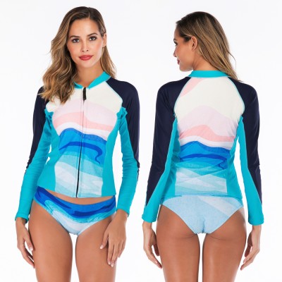 2Pcs Rash Guard Women Long Sleeve Swimsuits Zip Up Jacket Swimwear
