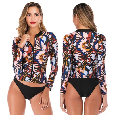 2Pcs Rash Guard Women Long Sleeve Swimsuits Colorful Print Jacket Swimwear