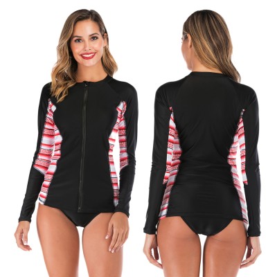 Black Rash Guard Women Zip Up Swimsuits Long Sleeve Bathing Suits