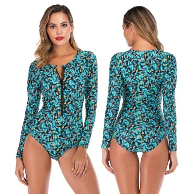One Piece Blue Butterfly Rash Guard Women Round Neck Bathing Suits Round Neck