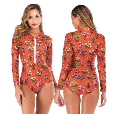 One Piece Orange Floral Rash Guard Women Round Neck Bathing Suits Round Neck