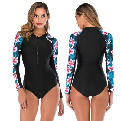 One Piece Black & Floral Rash Guard Women Round Neck Bathing Suits Round Neck