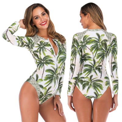 Rash Guard One Piece Bathing Suits Green Coconut Tree Print Swim Suits