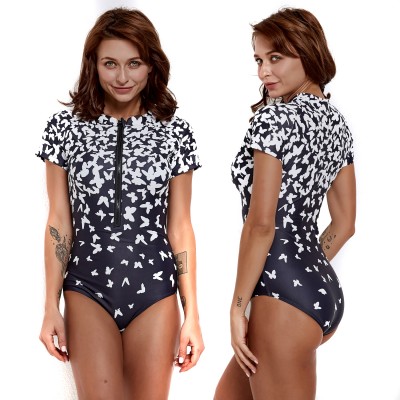 Short Sleeve Rash Guard Women Black & Butterfly Print Swimsuits