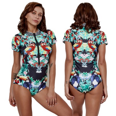 Short Sleeve Rash Guard Women Parrot & Floral Print Swimsuits