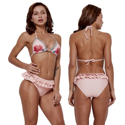 Cute Pink Bikinis Floral Pirnt Halter Swimsuits Cheap Bathing Suits