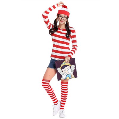 Womens Christmas Costumes Red Striped T-Shirt With Hat Sock Glass